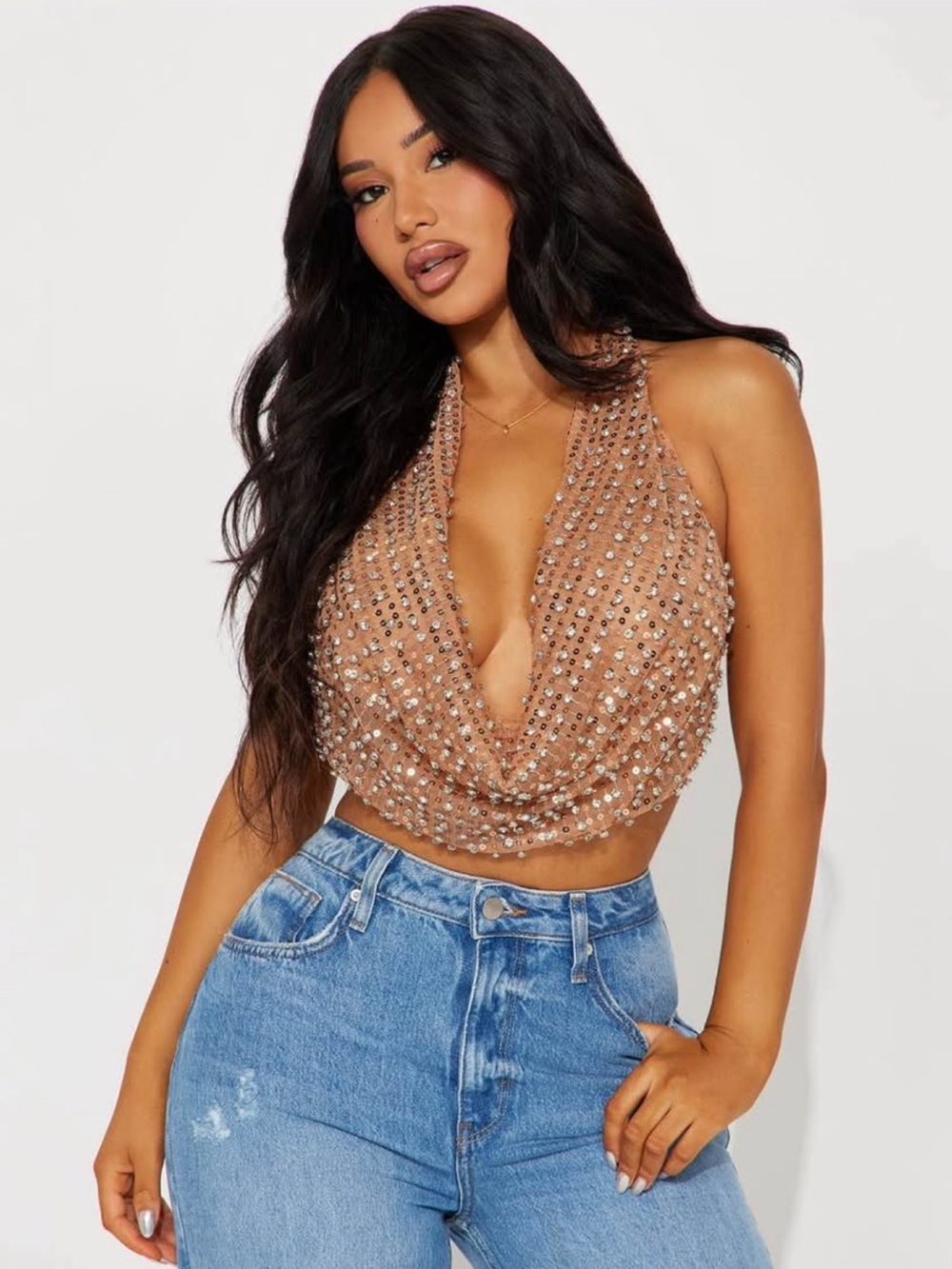 Fashion Nova Sequin Draped Halter Crop Top - Tan